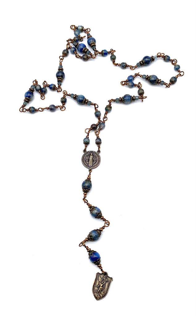 Natural Kyanite Gemstone Wire Wrapped Catholic Heirloom Chaplet of Saint Michael MEDIUM