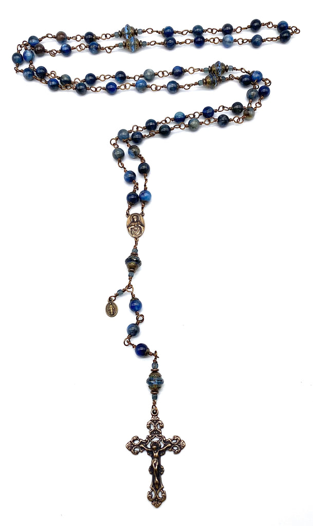 Natural Kyanite Gemstone Wire Wrapped Catholic Heirloom Rosary Large