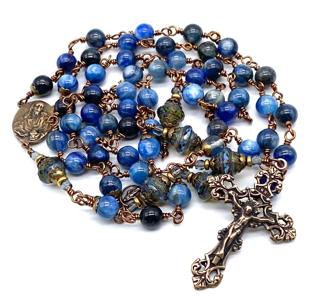 Natural Kyanite Gemstone Wire Wrapped Catholic Heirloom Rosary LARGE