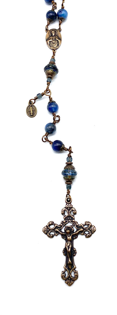Natural Kyanite Gemstone Wire Wrapped Catholic Heirloom Rosary Large