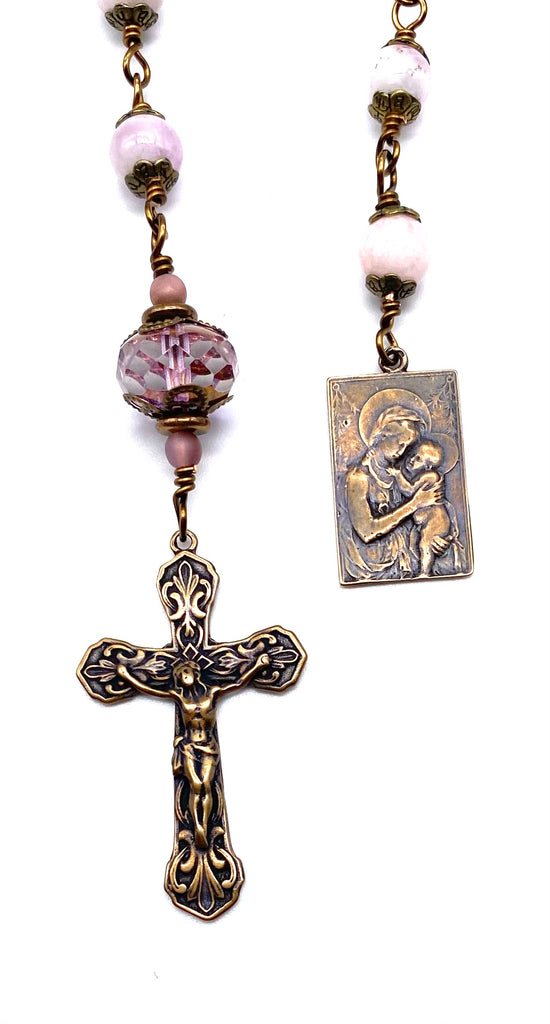 Natural Kunzite Gemstone Wire Wrapped Catholic Heirloom Tenner Rosary