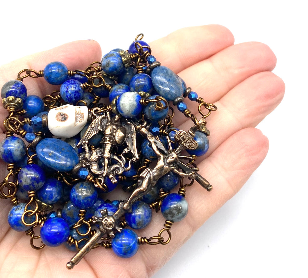 Natural Lapis Gemstone Wire Wrapped Catholic Heirloom "Memento Mori" Rosary Large