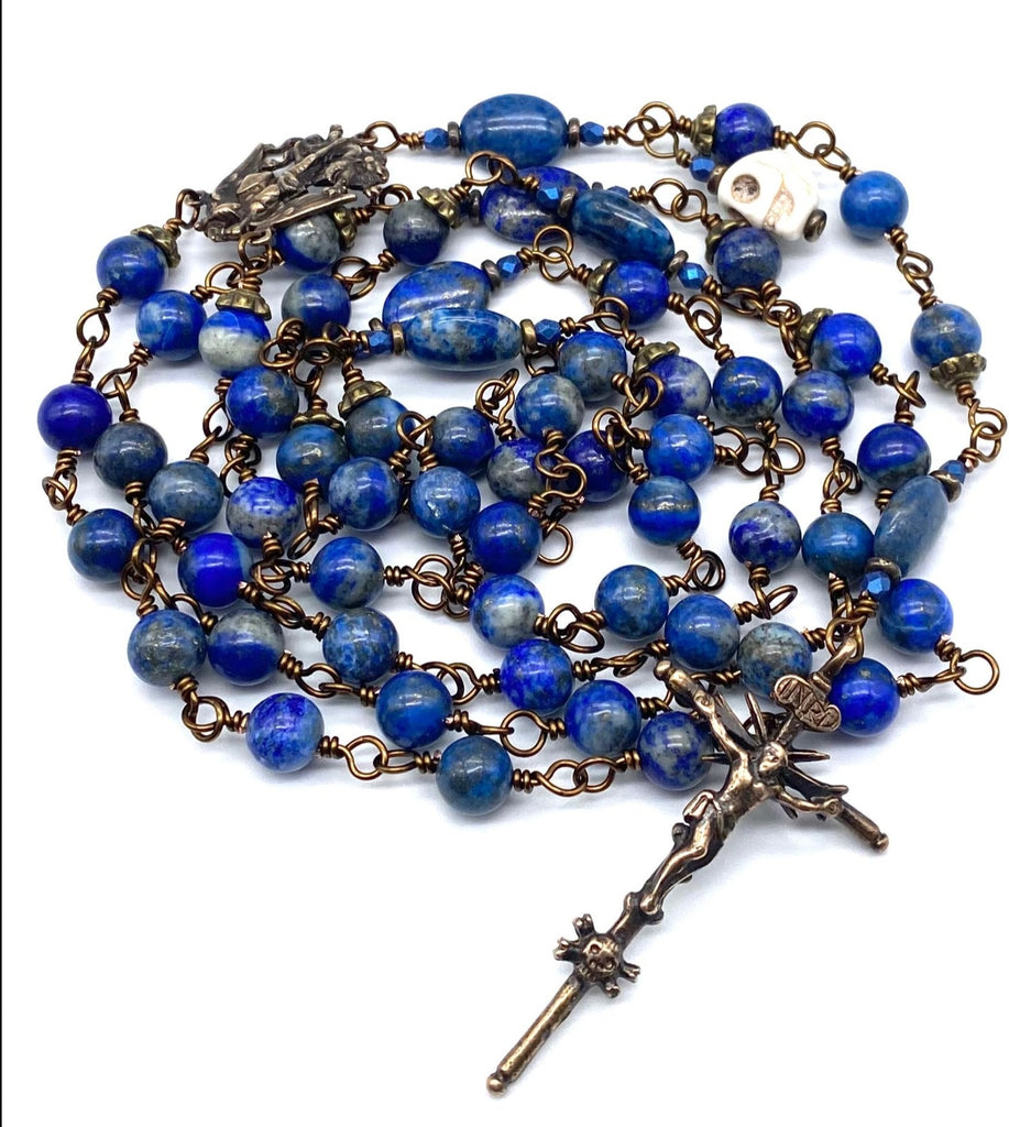 Natural Lapis Gemstone Wire Wrapped Catholic Heirloom "Memento Mori" Rosary Large
