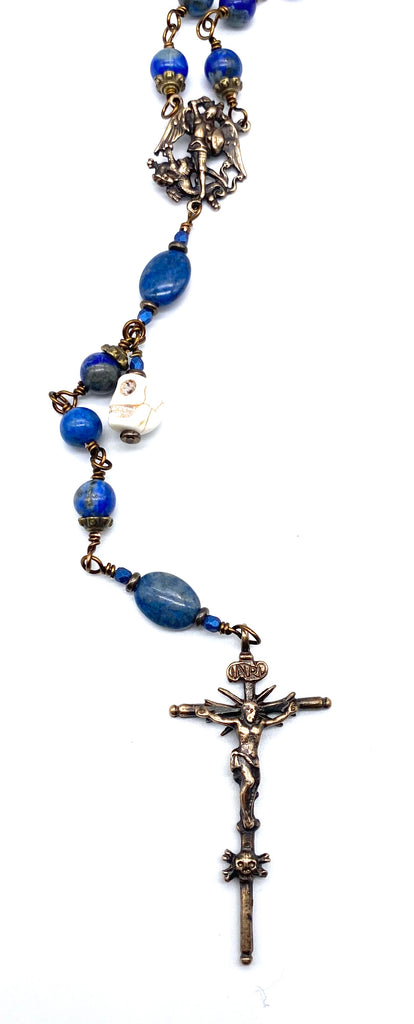 Natural Lapis Gemstone Wire Wrapped Catholic Heirloom "Memento Mori" Rosary Large