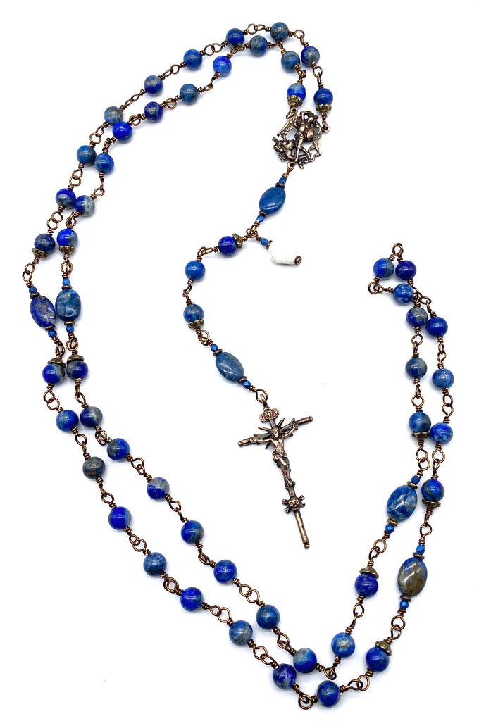 Natural Lapis Gemstone Wire Wrapped Catholic Heirloom "Memento Mori" Rosary Large