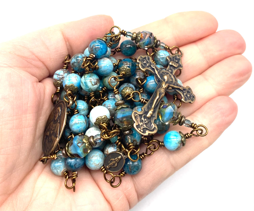 Natural Light Apatite Gemstone Wire Wrapped Catholic Heirloom Rosary Large