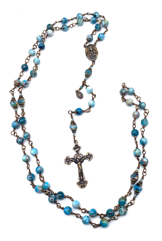 Natural Light Apatite Gemstone Wire Wrapped Catholic Heirloom Rosary Large