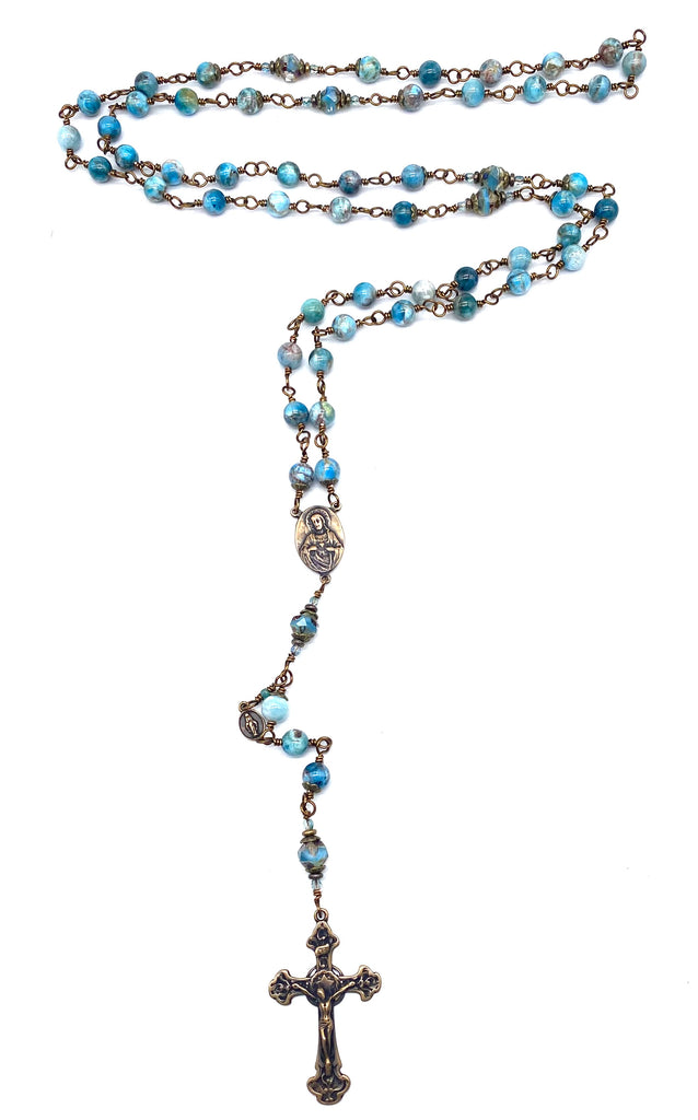 Natural Light Apatite Gemstone Wire Wrapped Catholic Heirloom Rosary Large
