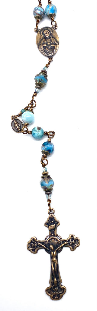 Natural Light Apatite Gemstone Wire Wrapped Catholic Heirloom Rosary Large