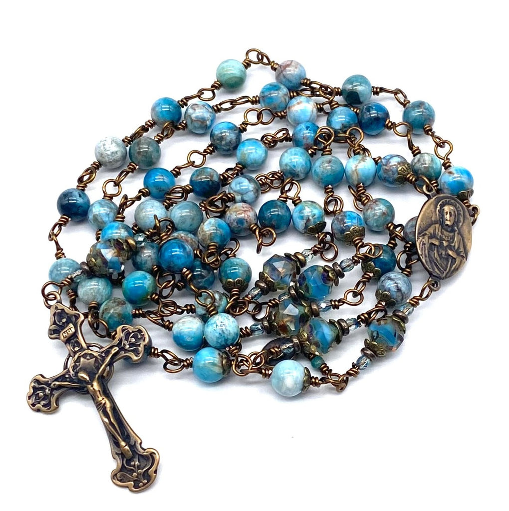 Natural Light Apatite Gemstone Wire Wrapped Catholic Heirloom Rosary Large