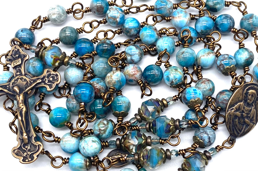 Natural Light Apatite Gemstone Wire Wrapped Catholic Heirloom Rosary Large