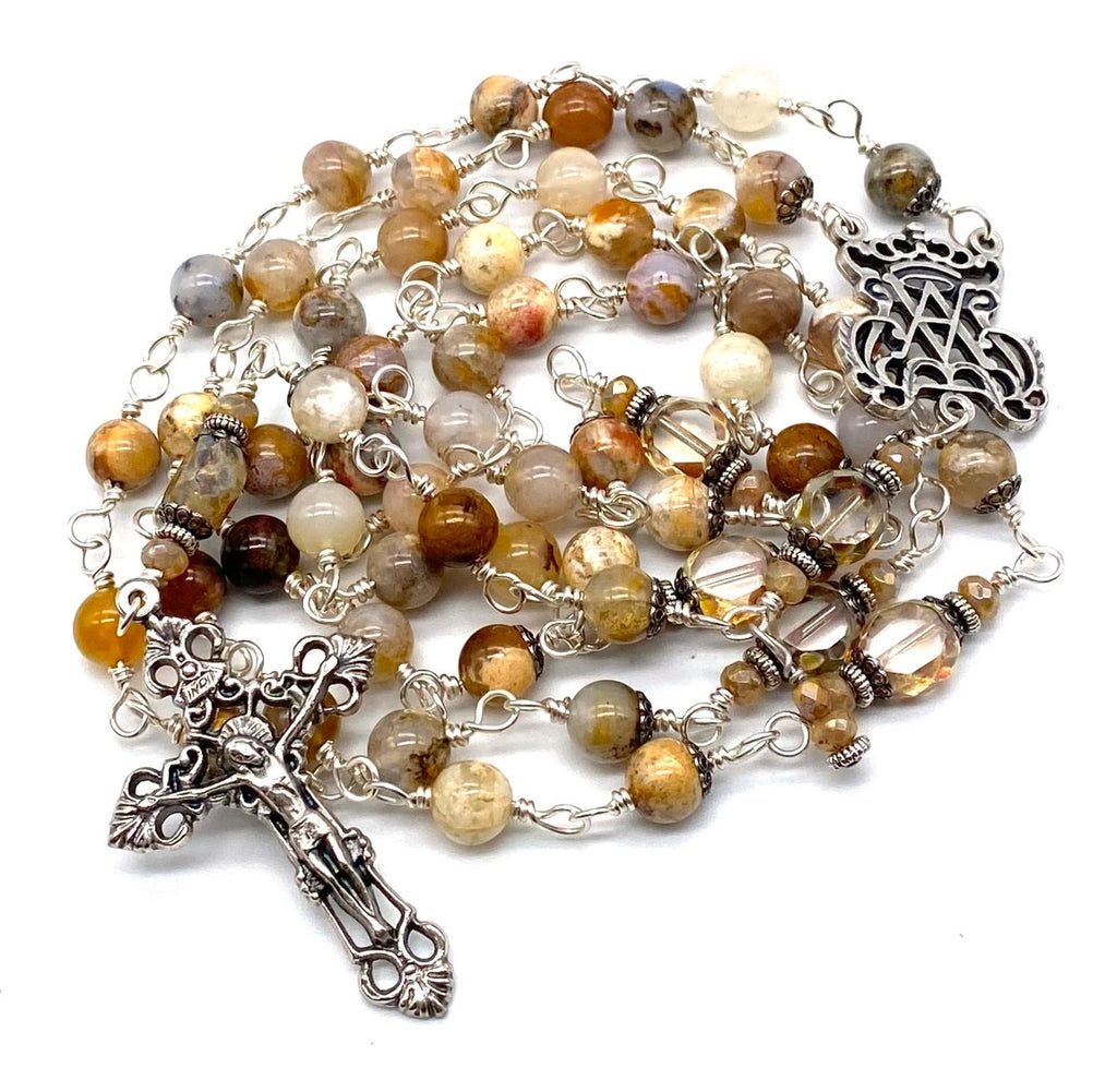 Silver Natural Ocean Fossil Gemstone Wire Wrapped Catholic Heirloom Rosary Large