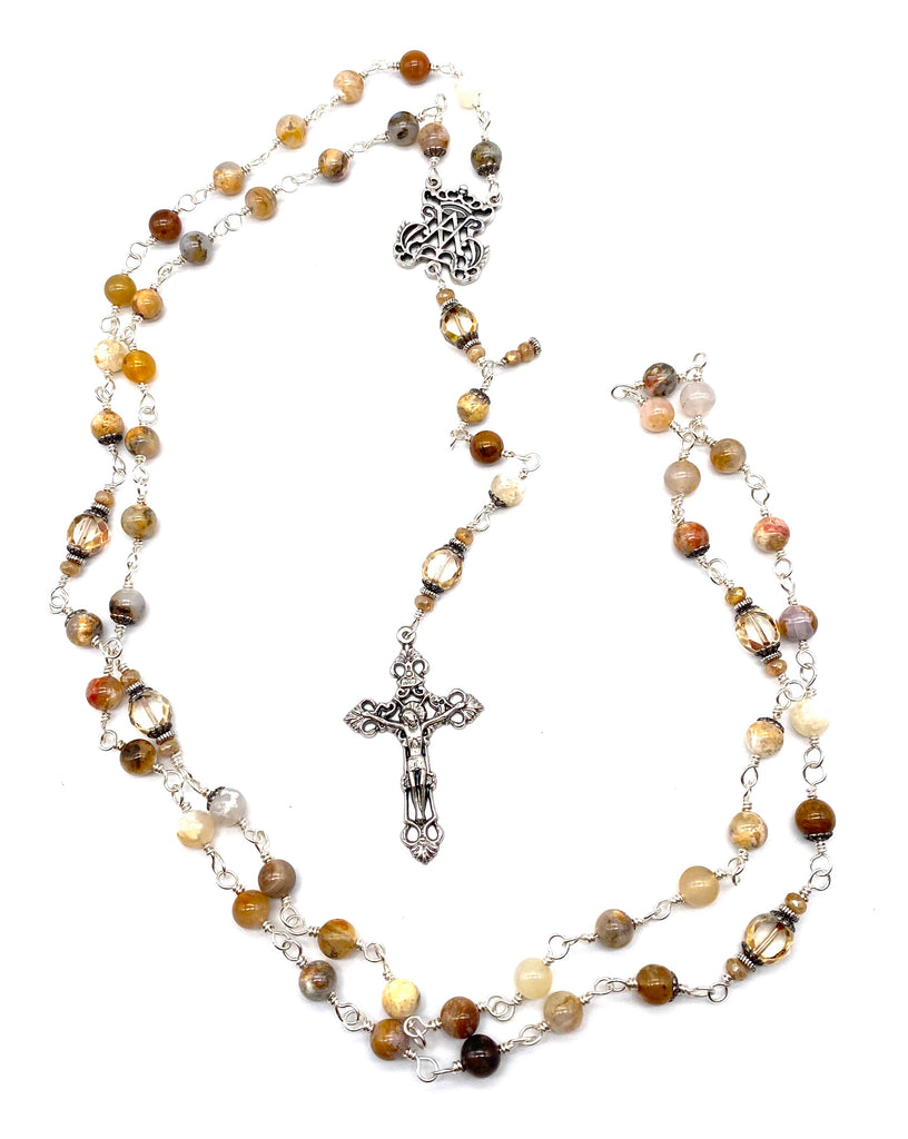 Silver Natural Ocean Fossil Gemstone Wire Wrapped Catholic Heirloom Rosary Large