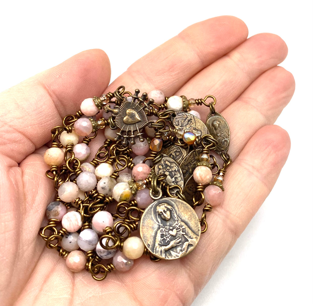 Natural Pink Opal Gemstone Wire Wrapped Catholic Heirloom Rosary of the Seven Sorrows Medium