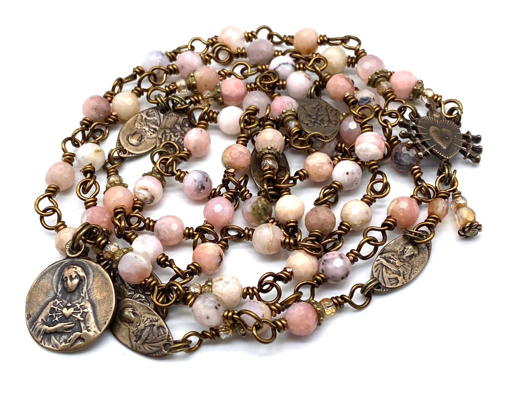 Natural Pink Opal Gemstone Wire Wrapped Catholic Heirloom Rosary of the Seven Sorrows Medium