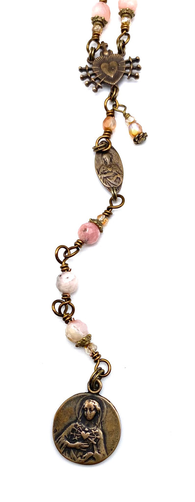 Natural Pink Opal Gemstone Wire Wrapped Catholic Heirloom Rosary of the Seven Sorrows Medium