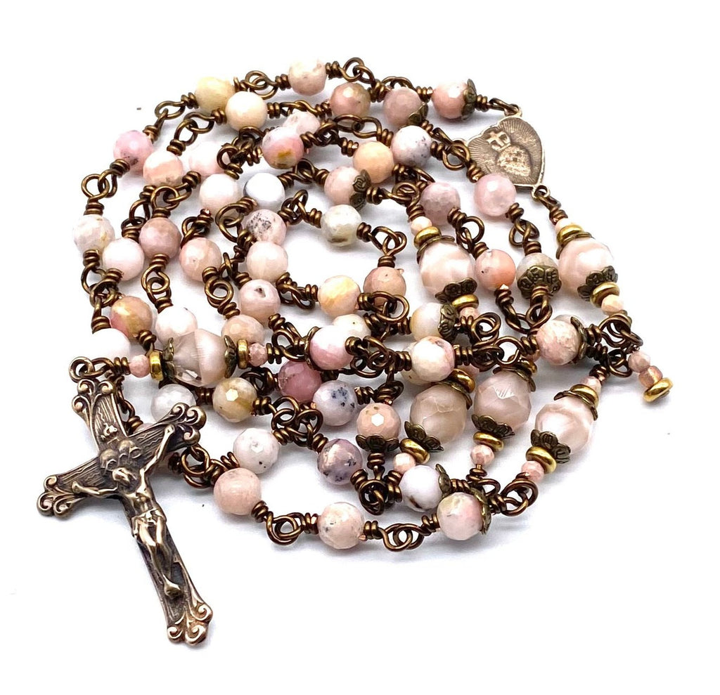 Natural Pink Opal Jade Gemstone Wire Wrapped Catholic Heirloom Rosary Medium