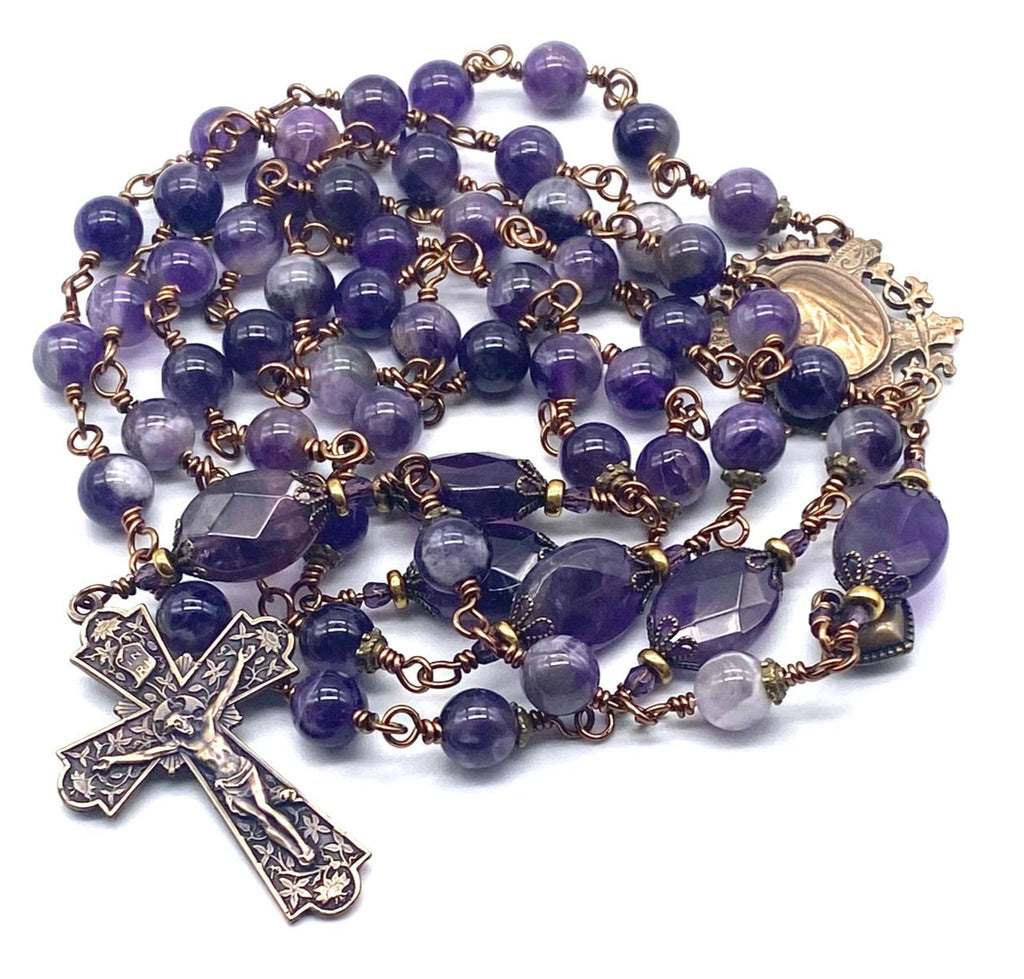 Deep Purple Amethyst Gemstone Wire Wrapped Catholic Heirloom Rosary LARGE