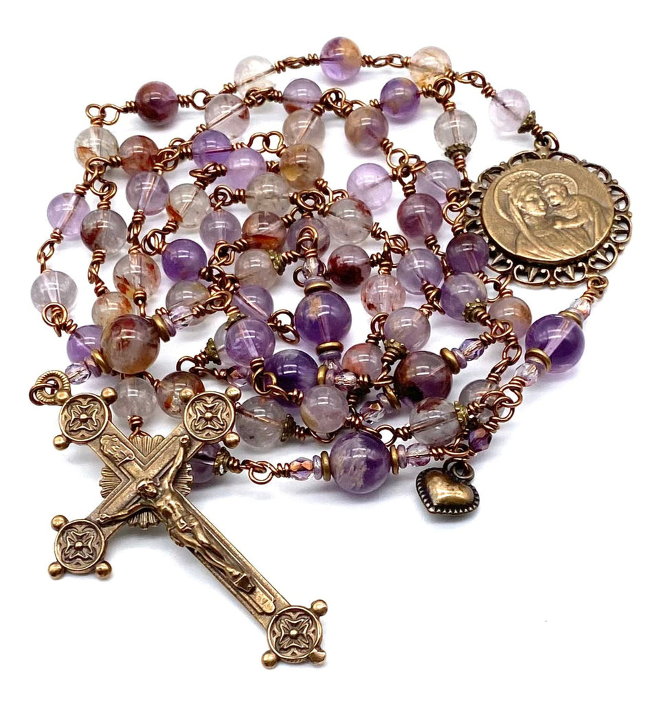 Natural Purple Quartz Gemstone Catholic Heirloom Rosary LARGE