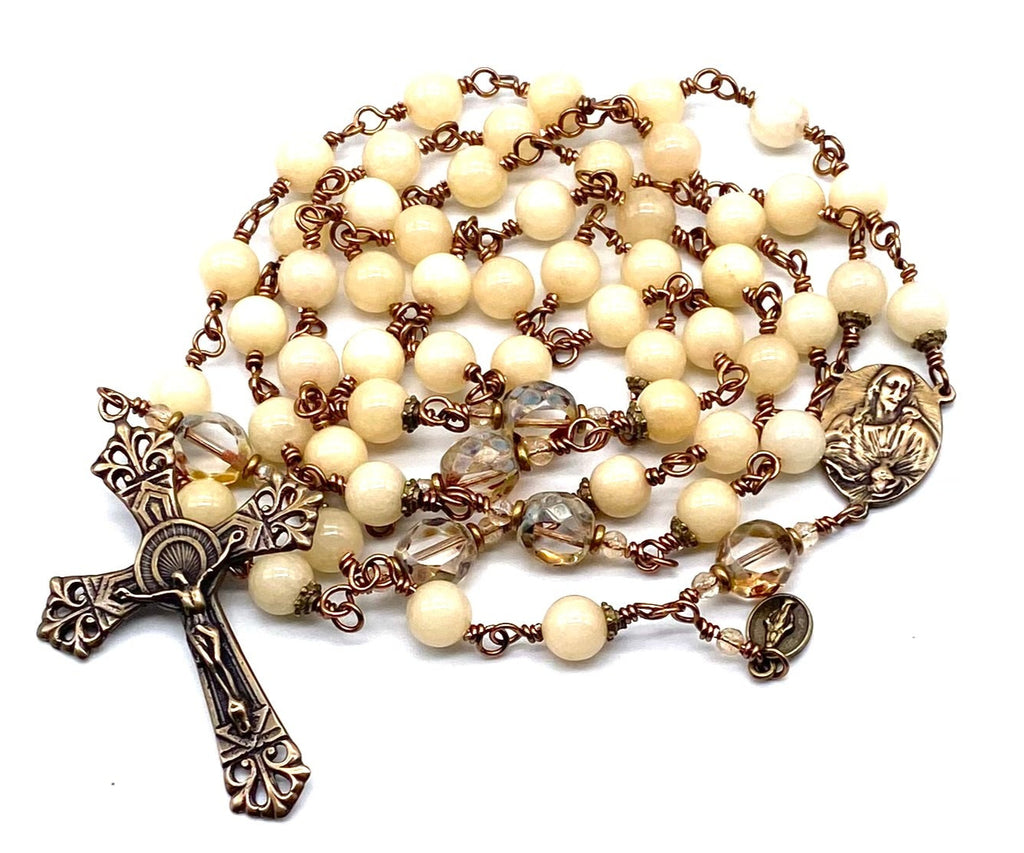 Natural Yellow Jade Gemstone Wire Wrapped Catholic Heirloom Rosary LARGE