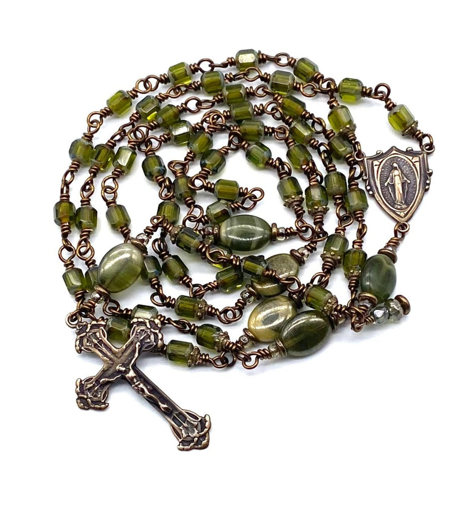 Olivine Czech Glass Wire Wrapped Catholic Heirloom Rosary Medium