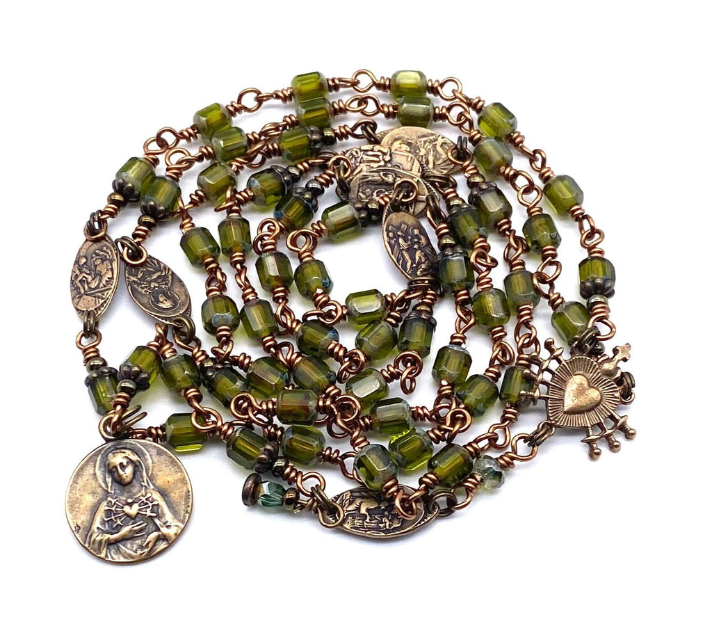 Olivine Green Czech Glass Catholic Heirloom Rosary of the Seven Sorrows MED