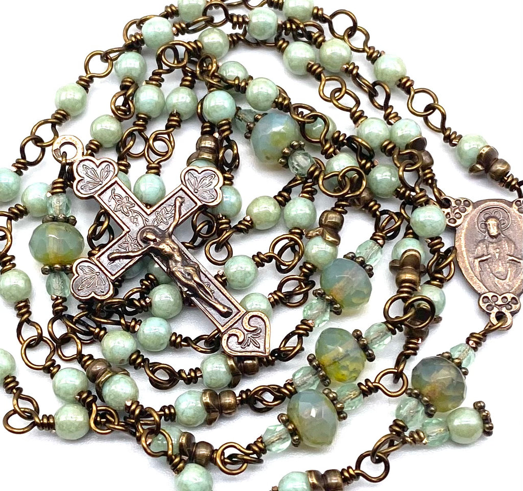 Opaque Pale Green Czech Glass Wire Wrapped Catholic Heirloom Rosary PETITE