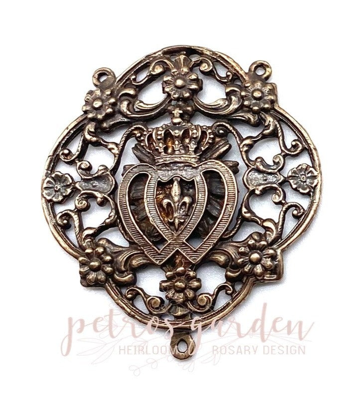 Solid Bronze ORNATE TWIN HEARTS Rosary Center, Antique/Vintage Reproduction #PG2119
