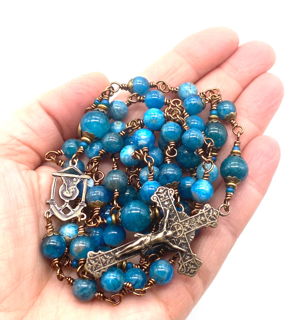 Pacific Blue Apatite Gemstone Catholic Heirloom Rosary Large
