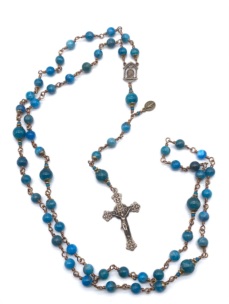 Pacific Blue Apatite Gemstone Catholic Heirloom Rosary Large