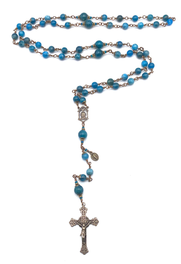 Pacific Blue Apatite Gemstone Catholic Heirloom Rosary Large