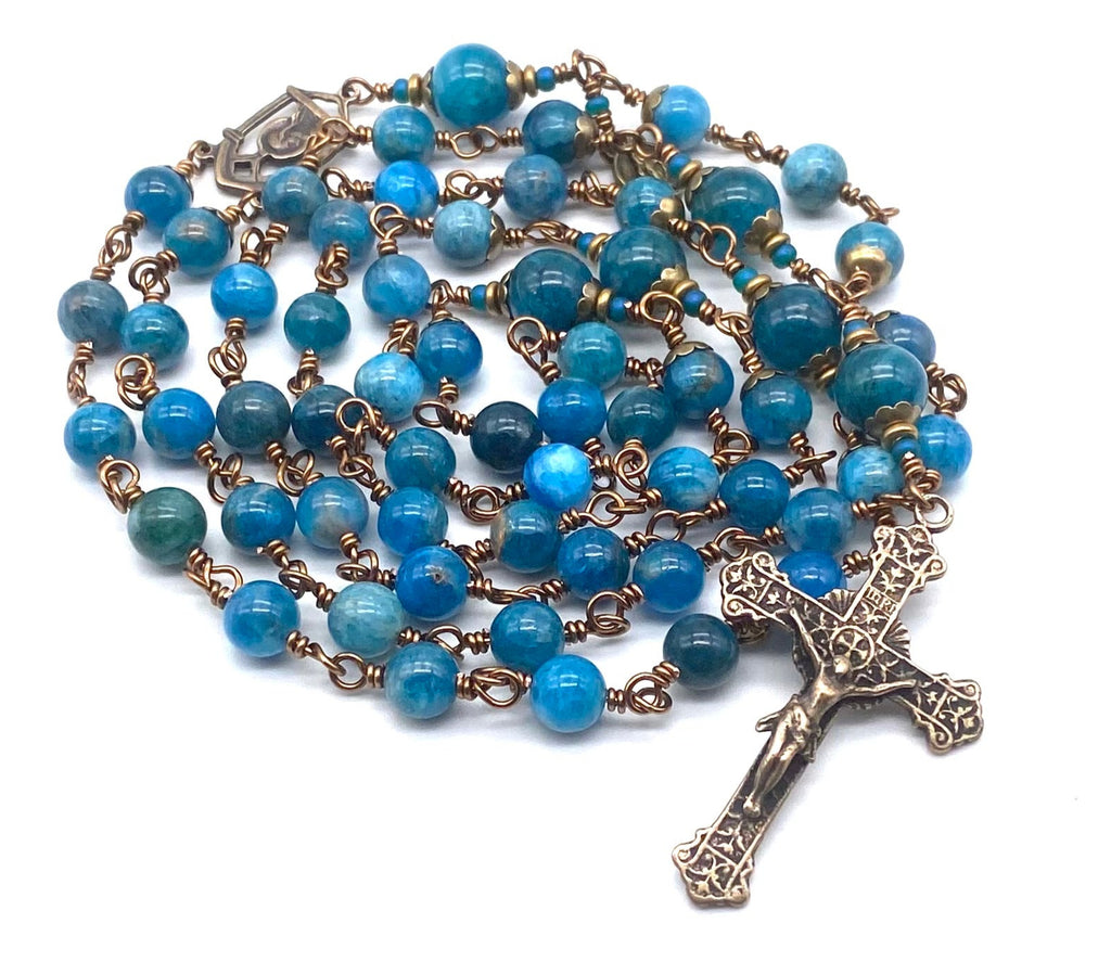 Pacific Blue Apatite Gemstone Catholic Heirloom Rosary Large