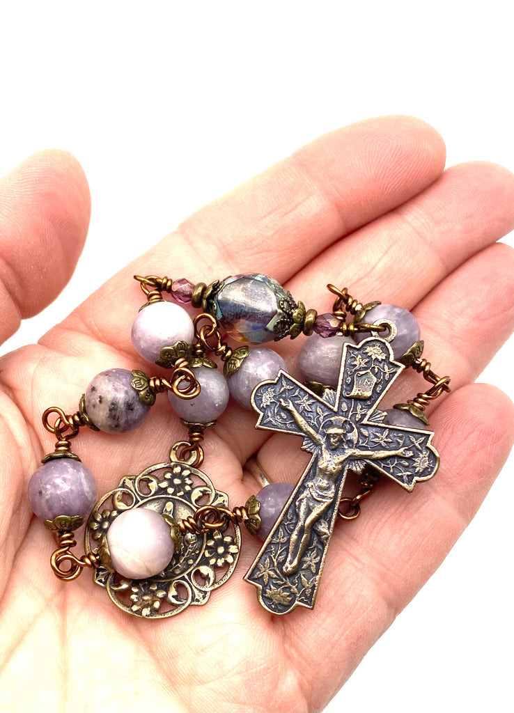 Pale Lilac Tourmaline Gemstone BIG BEAD Catholic Heirloom Tenner Rosary