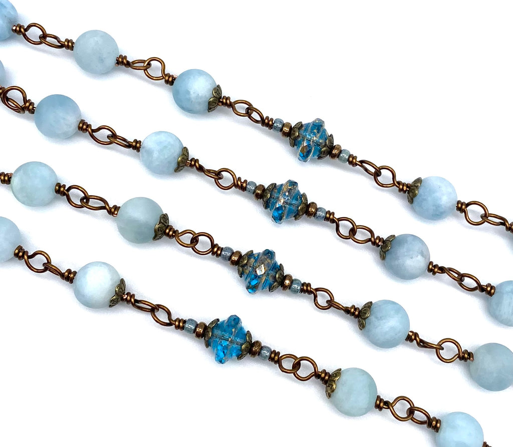 Pale Blue Aquamarine Matte Gemstone Wire Wrapped Catholic Heirloom Rosary Large