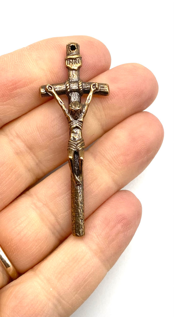 Solid Bronze PAPAL LARGE Catholic Crucifix, Rosary Parts, Religious Charm, Antique Vintage Reproduction #PG4147