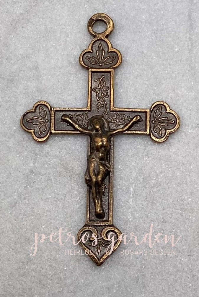 Solid Bronze PATTERNED HEART WHEAT Crucifix, Rosary Parts, Catholic Pendant Jewelry, Religious Charm, Antique/Vintage Reproduction #PG3153