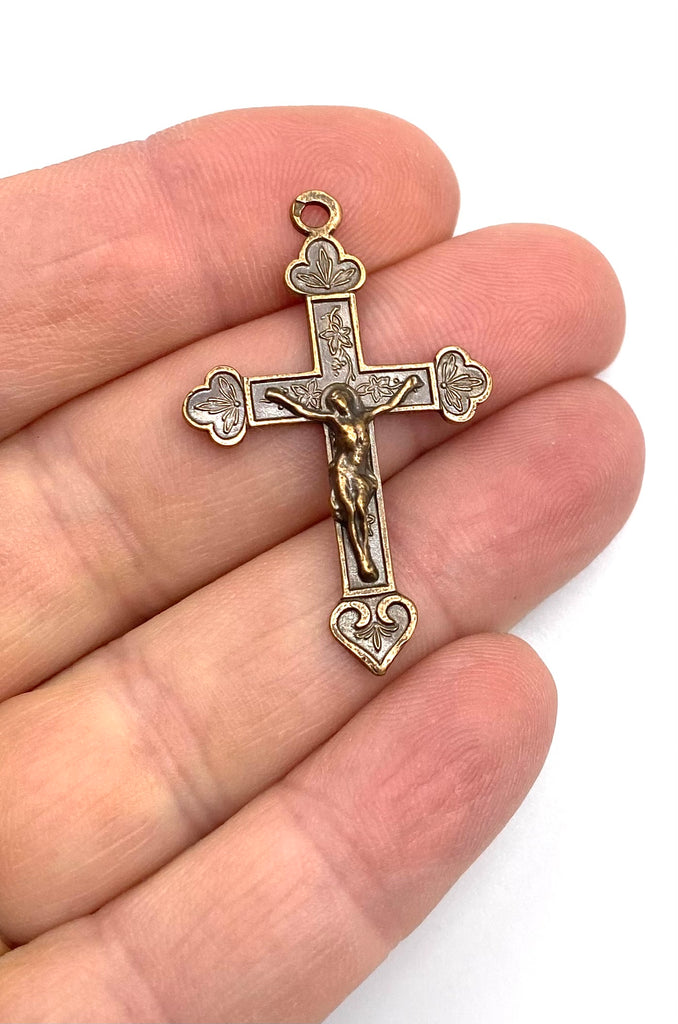 Solid Bronze PATTERNED HEART WHEAT Crucifix, Rosary Parts, Catholic Pendant Jewelry, Religious Charm, Antique/Vintage Reproduction #PG3153
