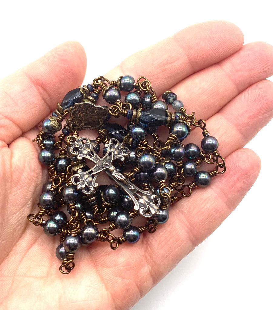 Peacock Shell Pearl Catholic Heirloom Rosary Medium