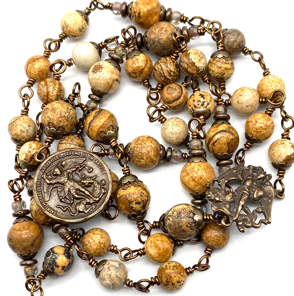 Picture Jasper Gemstone Wire Wrapped Catholic Heirloom Chaplet of Saint Michael LARGE