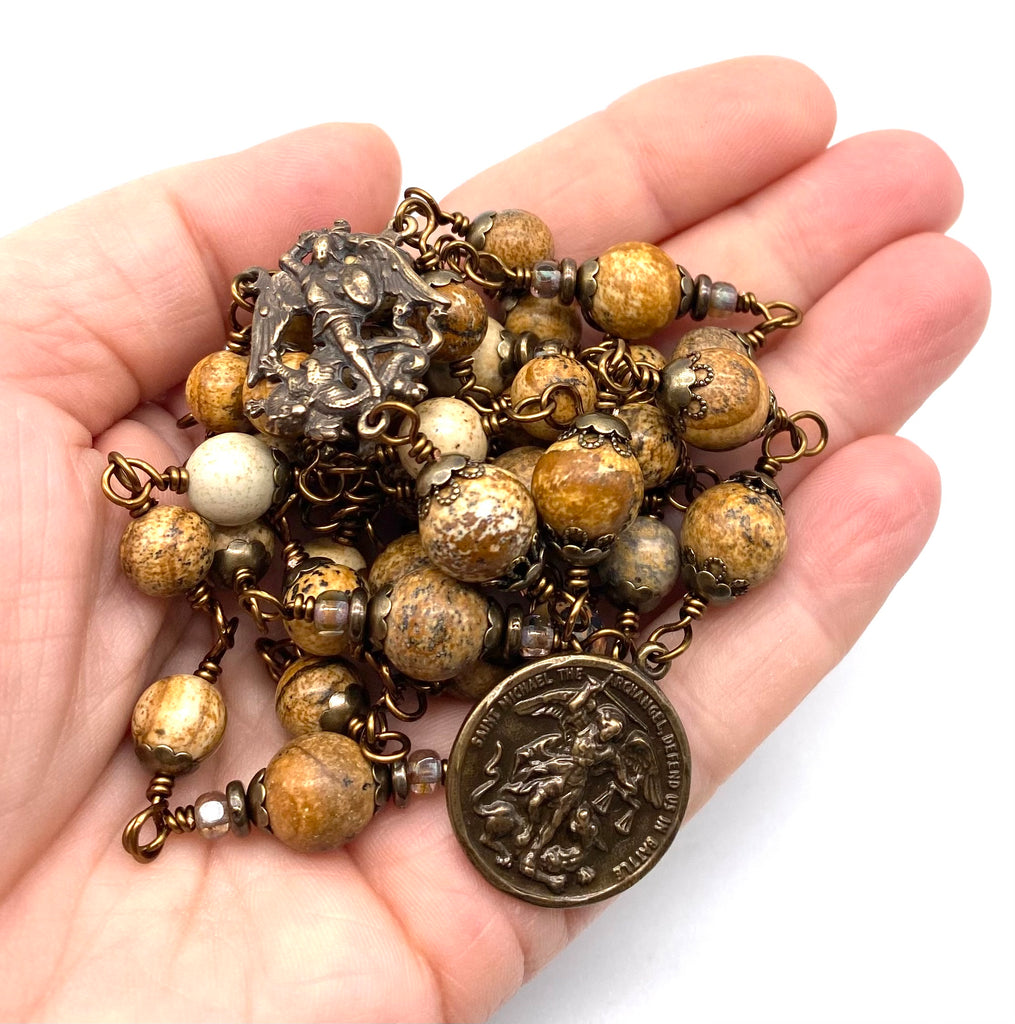 Picture Jasper Gemstone Wire Wrapped Catholic Heirloom Chaplet of Saint Michael LARGE
