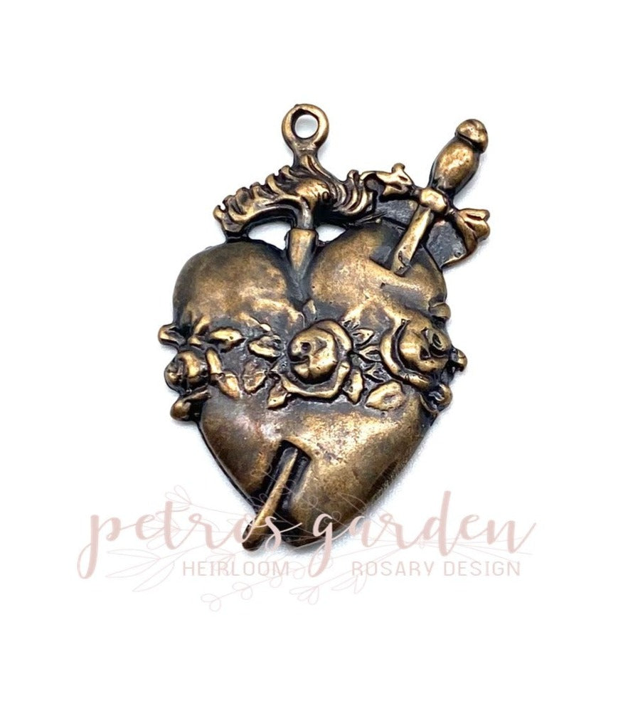 Solid Bronze PIERCED HEART With ROSES Catholic Medal, Religious Charm, Antique/Vintage Reproduction #PG7129