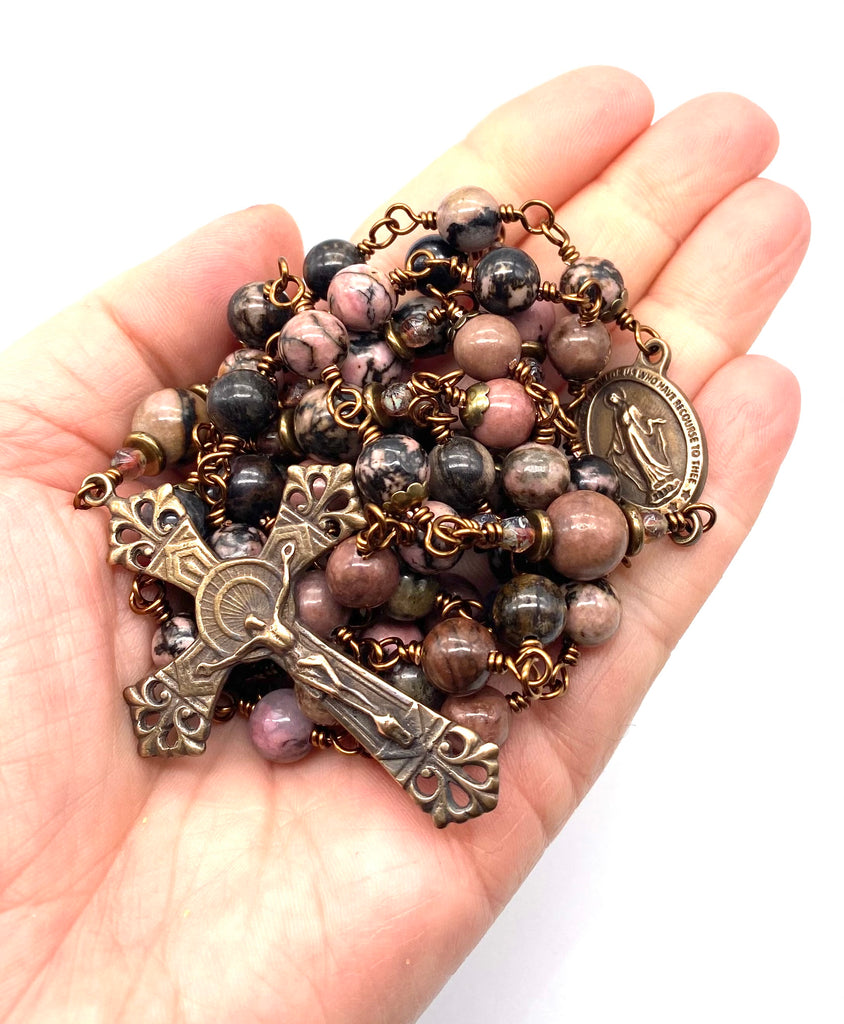 Pink and Black Rhodonite Gemstone Wire Wrapped Catholic Heirloom Rosary LARGE