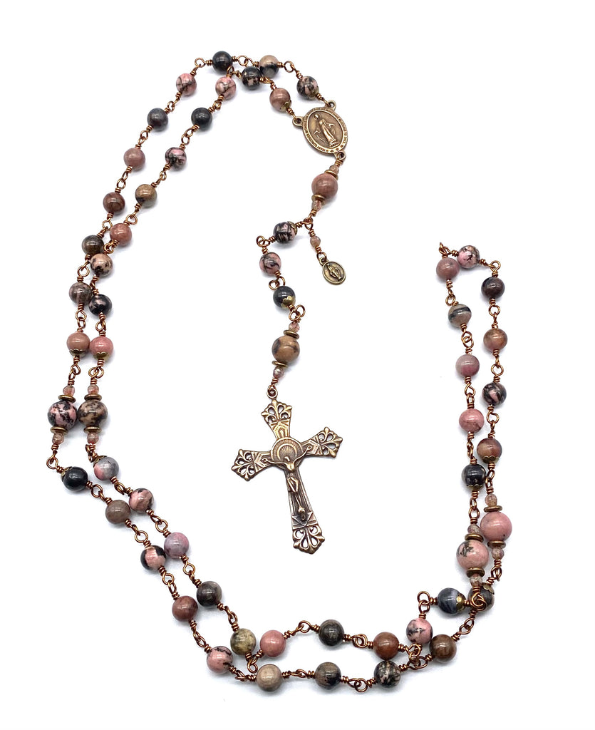 Pink and Black Rhodonite Gemstone Wire Wrapped Catholic Heirloom Rosary LARGE