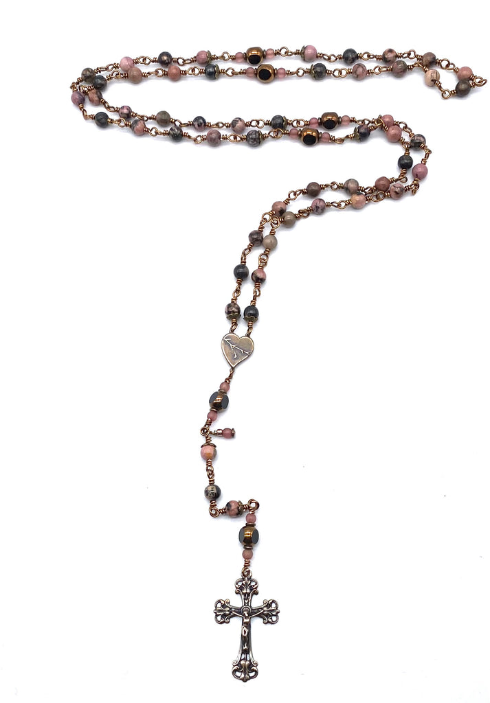 Pink and Black Rhodonite Gemstone Wire Wrapped Catholic Heirloom Rosary Medium