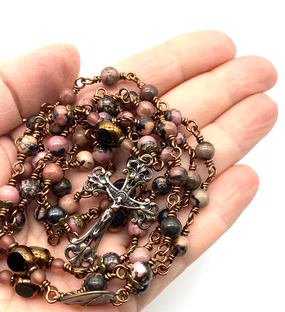 Pink and Black Rhodonite Gemstone Wire Wrapped Catholic Heirloom Rosary Medium