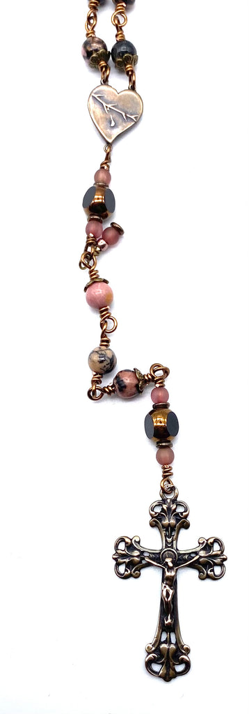 Pink and Black Rhodonite Gemstone Wire Wrapped Catholic Heirloom Rosary Medium