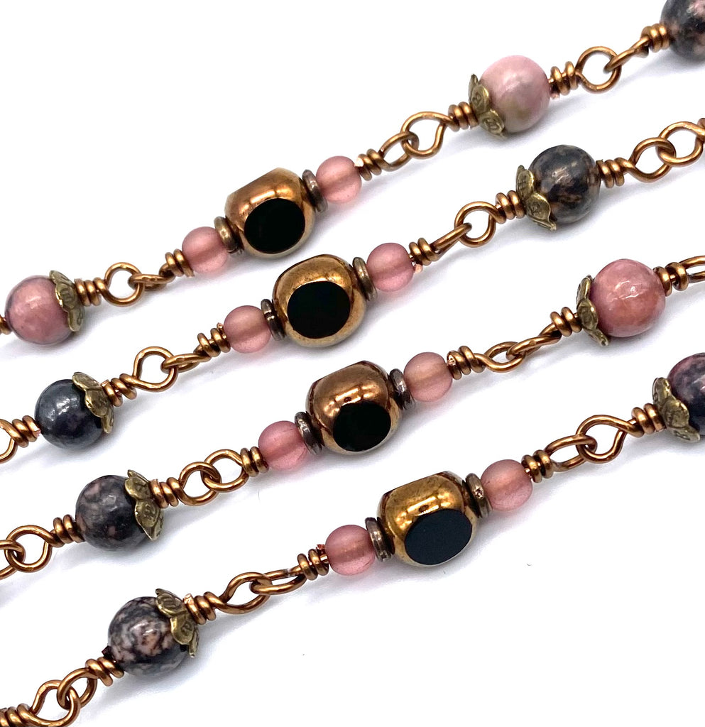 Pink and Black Rhodonite Gemstone Wire Wrapped Catholic Heirloom Rosary Medium