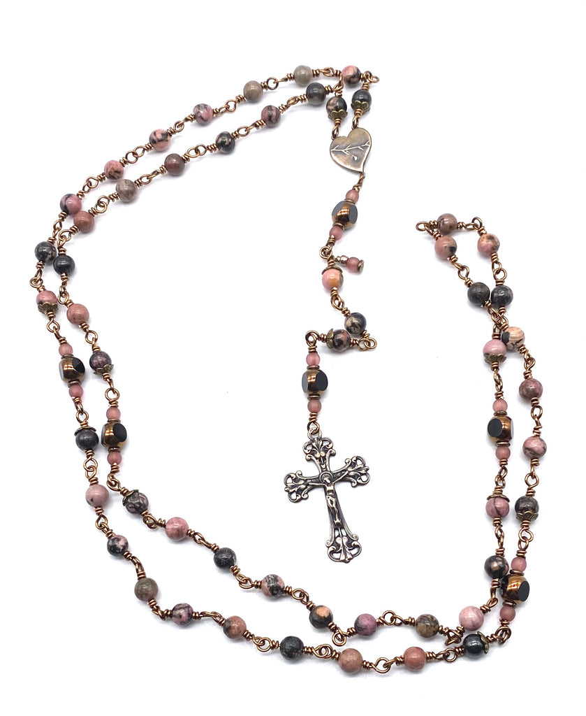 Pink and Black Rhodonite Gemstone Wire Wrapped Catholic Heirloom Rosary Medium