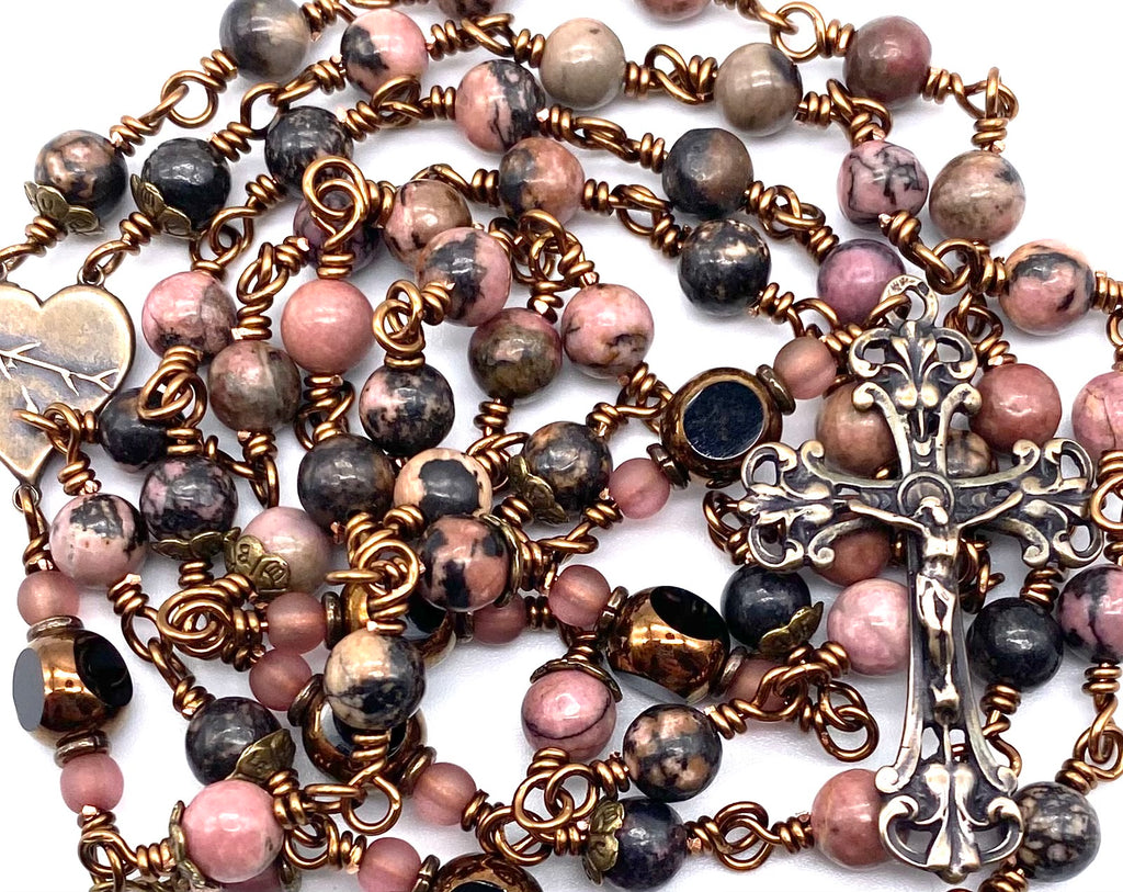 Pink and Black Rhodonite Gemstone Wire Wrapped Catholic Heirloom Rosary Medium