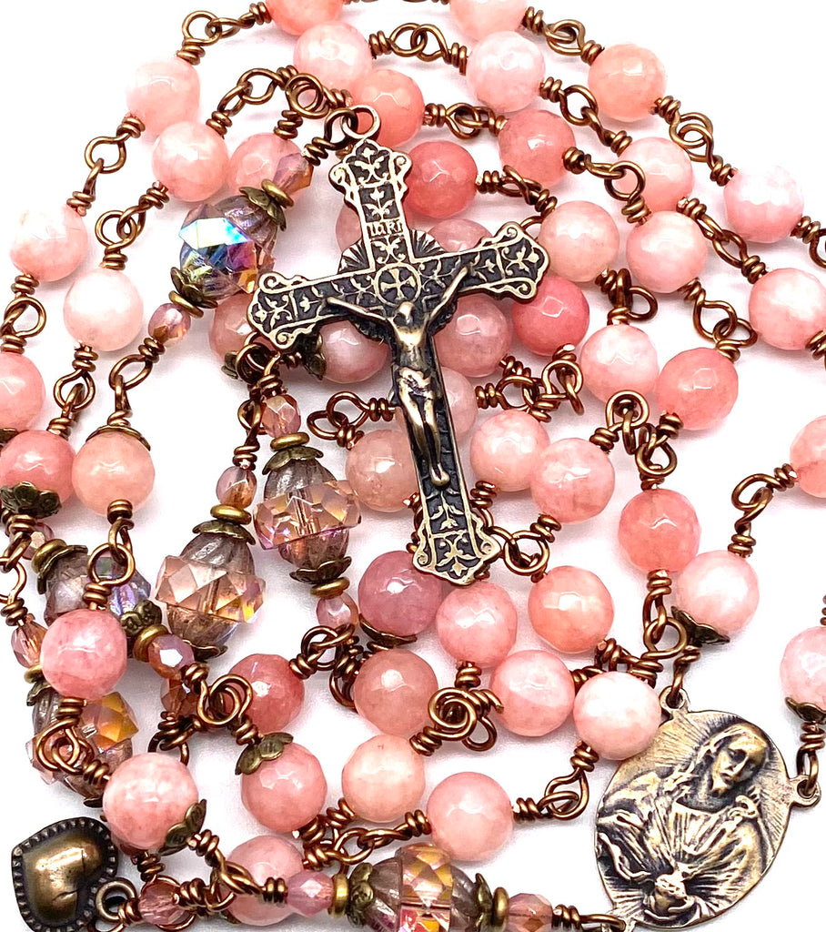 Pink Jade Faceted Gemstone Wire Wrapped Catholic Heirloom Rosary LARGE